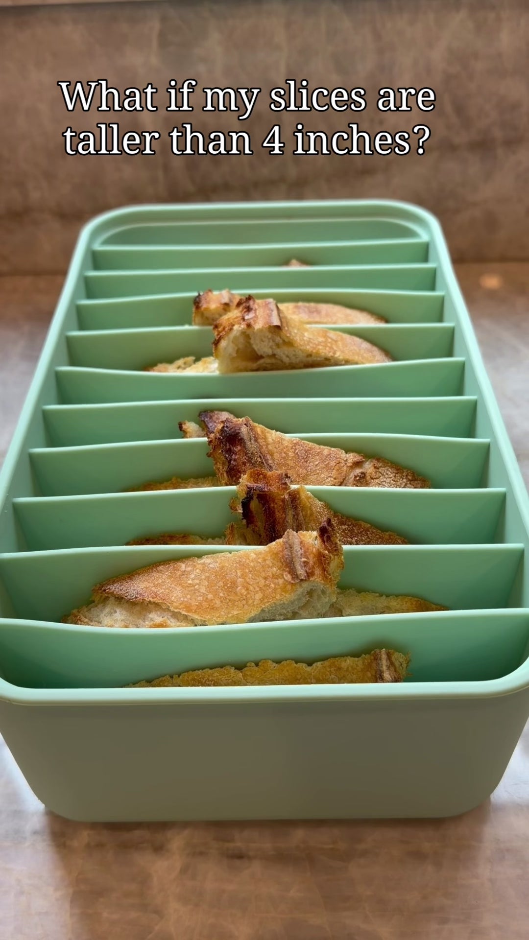 Video showing the flexibility of the cover of the Hearthly bread box, and how it can accommodate taller slices. 