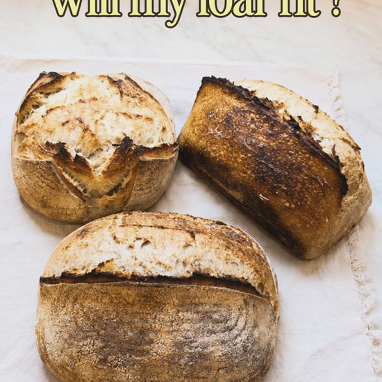 Video comparing how different sourdough loaf shapes fit in the Hearthly bread box, including batard, boule, and loaf. each loaf is sliced and placed inside to show the fit and available space. 